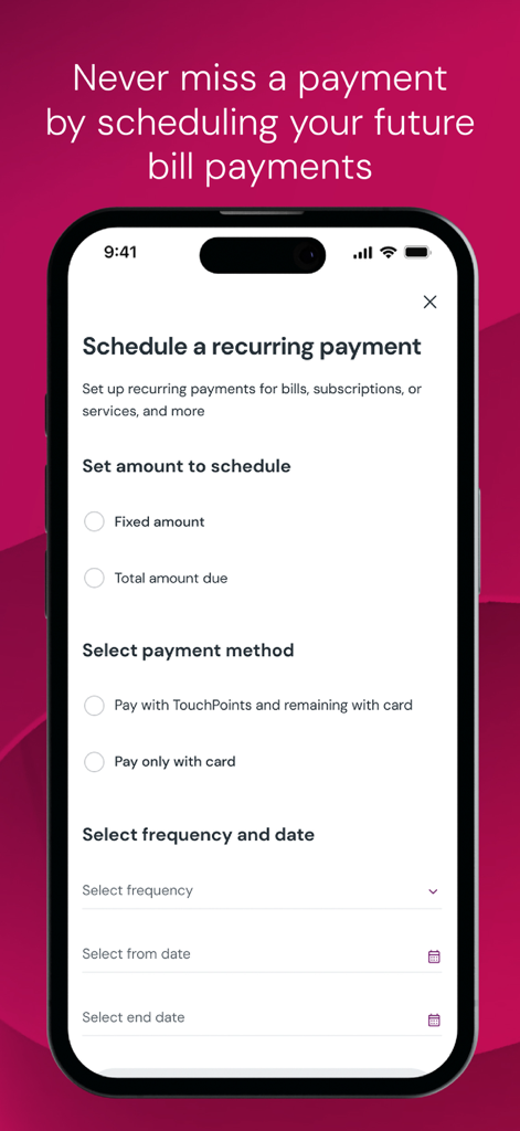 TouchPoints – Loyalty App - Interfaz para programar pagos recurrentes de facturas utilizando puntos de lealtad o tarjeta en la aplicación TouchPoints.