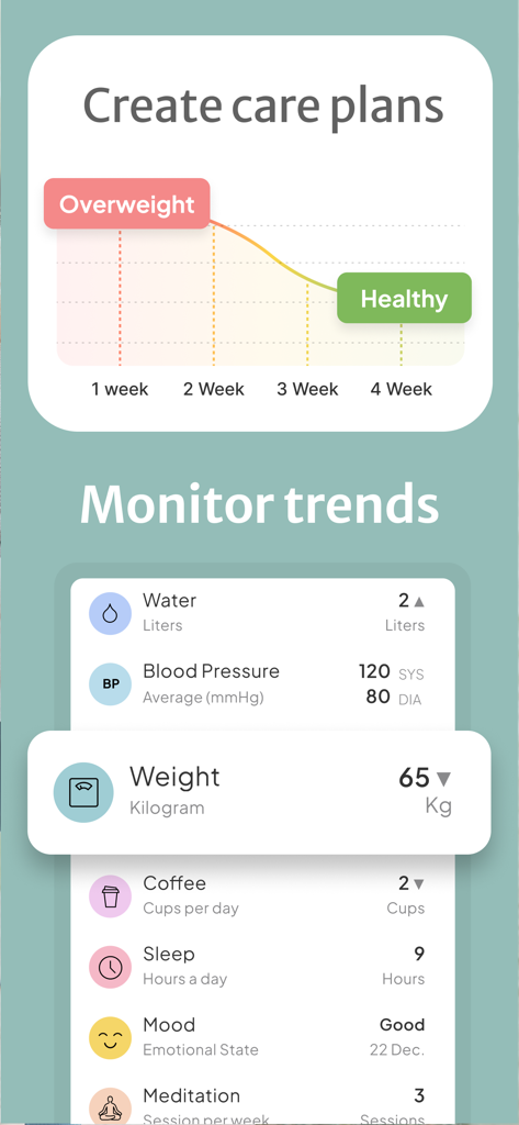 Lify: health manager, my chart - Lify health app interface showing weight loss care plan chart and daily health metrics like blood pressure and sleep tracking