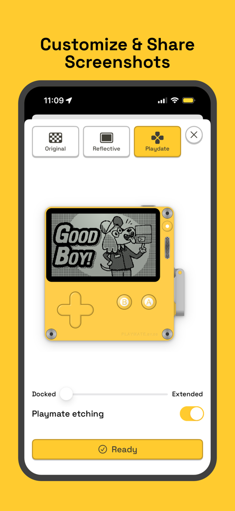 Playmate - Playdate Companion - Playmate app interface showing customization options for Panic Playdate game screenshots