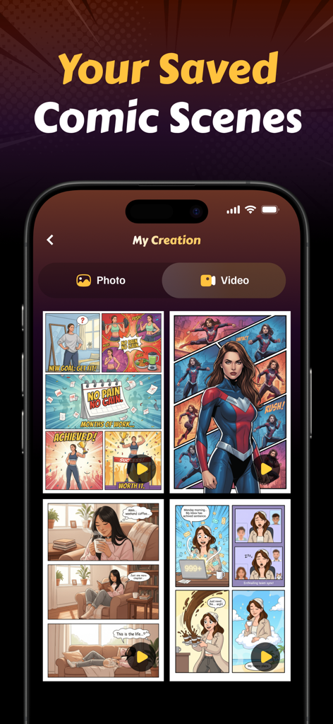 AI Comic Generator - Comic Art - AIコミックジェネレーターアプリ内の保存されたコミックストリップとビデオシーンのギャラリービュー