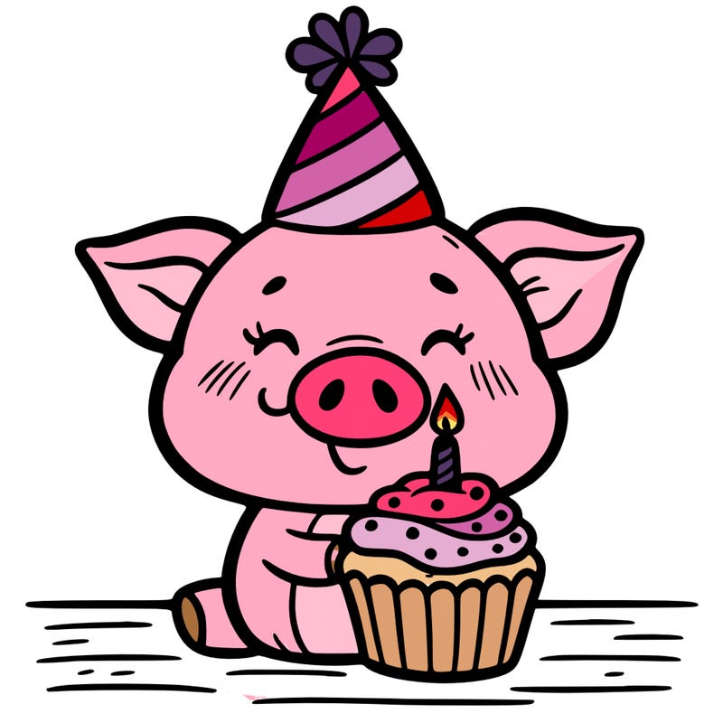 a pig with a birthday hat and cupcake