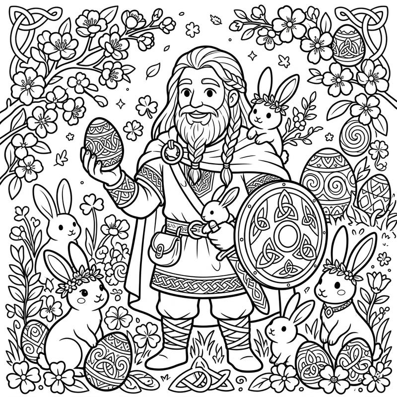 Journey into Irish mythology this Easter with our unique coloring page featuring the legendary Fionn mac Cumhaill. Surrounded by bunnies, spring blossoms, and beautifully decorated eggs, this design offers a magical blend of culture and festivity.