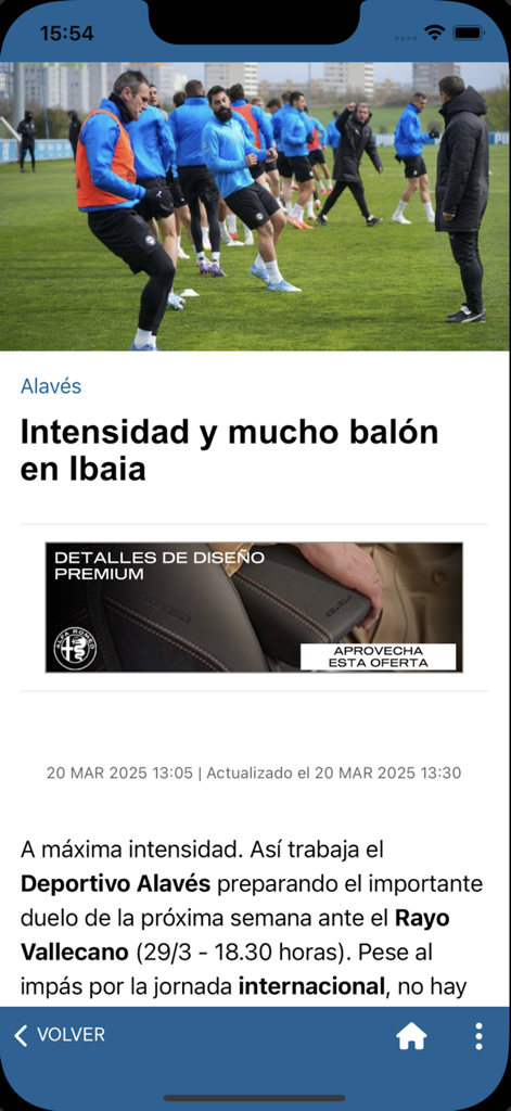 Mobile app screen showing a news article about Deportivo Alaves soccer training