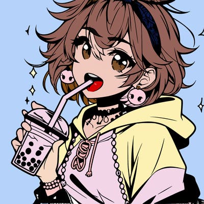 hot baddie anime girl drinking boba and biting the straw
