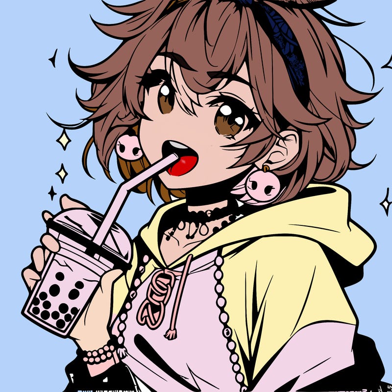 hot baddie anime girl drinking boba and biting the straw