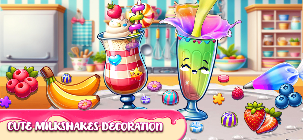 Two colorful milkshakes decorated with fruit and candy in a cartoon kitchen setting
