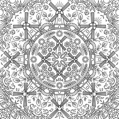 Discover the beauty of a summer landscape captured within this mesmerizing windmill mandala. This intricate design offers hours of calming coloring, blending historic charm with sunny vibes.