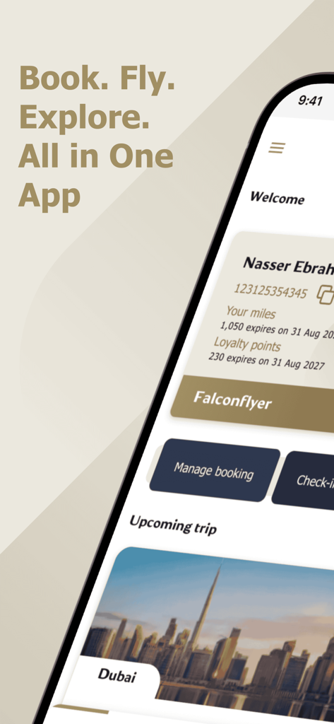 Gulf Air - Gulf Air mobile app home screen showing Falconflyer loyalty program details and an upcoming trip to Dubai