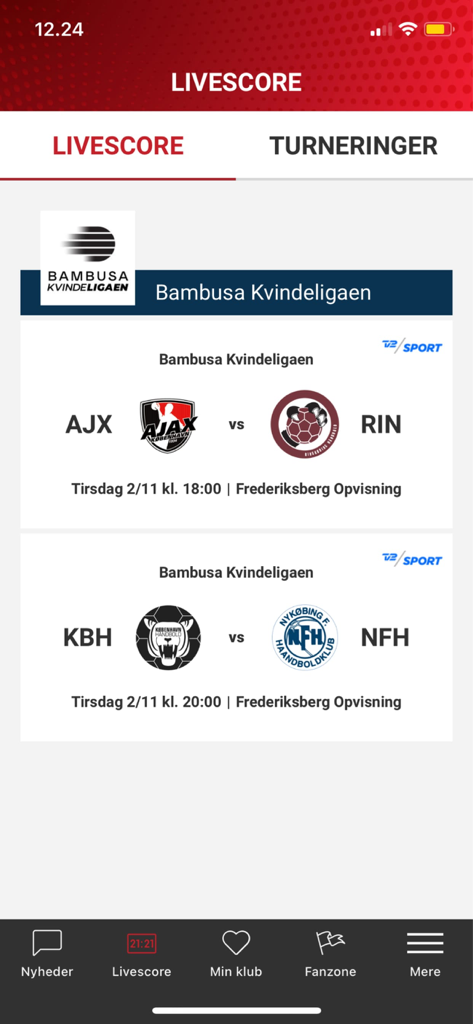 Tophåndbold - Tophandbold app livescore screen showing handball match fixtures