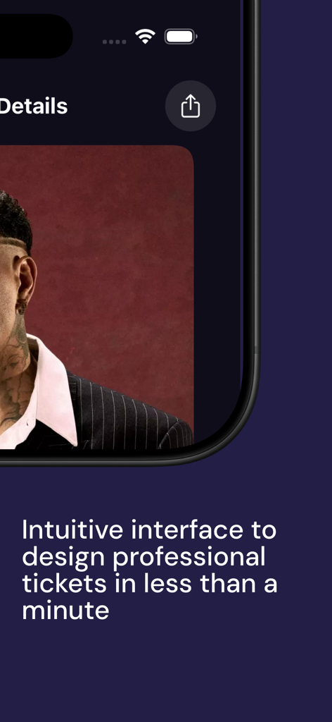FunTicket - custom tickets - FunTicket mobile app interface showing a professional ticket design screen with a modern layout