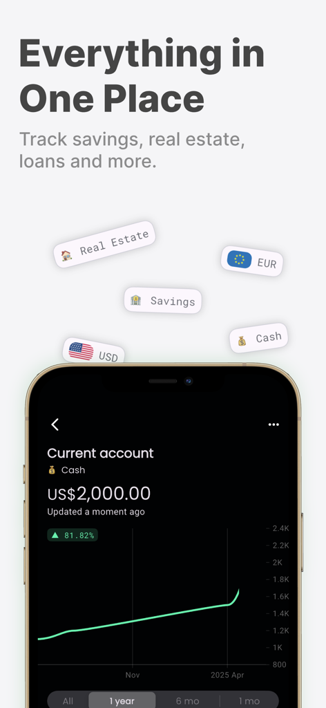 Net Worth Tracker app interface showing financial growth graph and asset tracking for savings real estate and cash