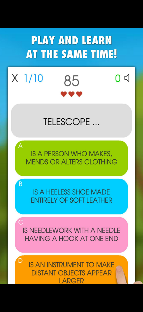Educational spelling bee app screen showing a multiple choice word definition challenge