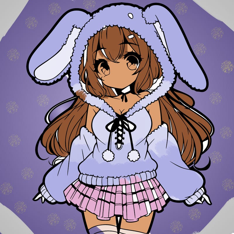 pretty anime girl wearing a fluffy hoodie with bunny ears on the hood and a skirt