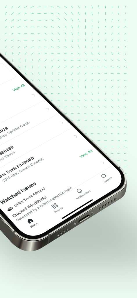 A mobile smartphone screen displaying the Fleetio Go app with a list of watched vehicle maintenance issues including a cracked windshield