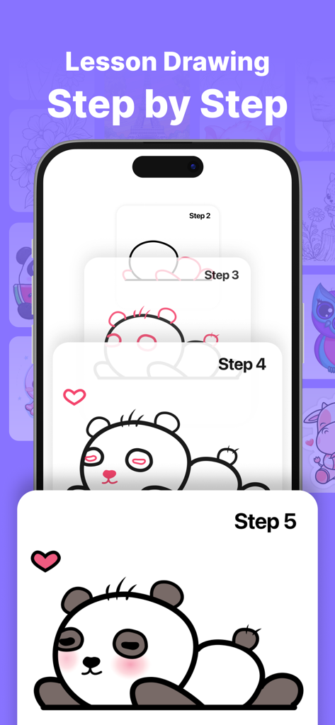 Interfaz de la aplicación móvil que muestra un tutorial de dibujo paso a paso para un lindo personaje de panda