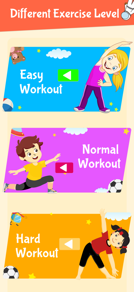 Workout For Kids Height - Screen showing easy normal and hard workout levels for kids with colorful cartoon illustrations