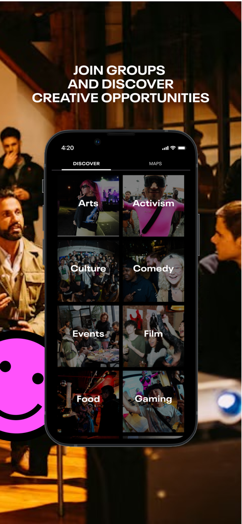 Playground - Pantalla de descubrimiento de la aplicación Playground mostrando categorías de grupos creativos como arte, cultura y eventos.