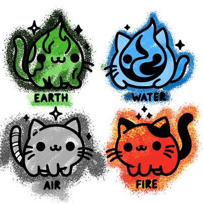 4 cats that represent the different elements, earth, water, air, and fire