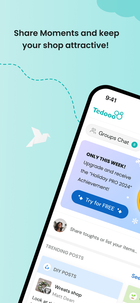 Tedooo - Tedooo app interface showing groups chat and trending DIY posts for craft enthusiasts.