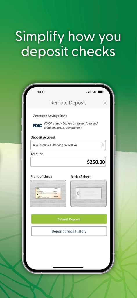 Remote check deposit interface in the American Savings Bank Hawaii app