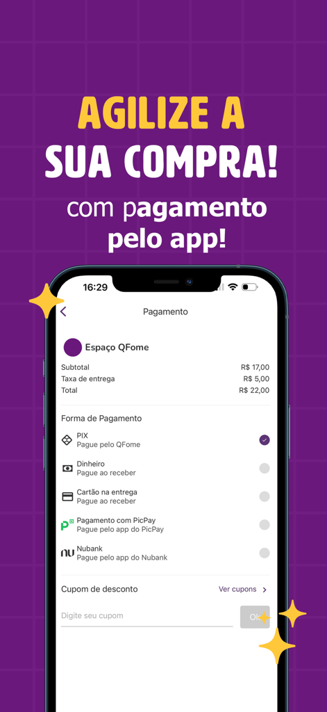 QFome App - Delivery de Comida - Digital payment selection screen in the QFome delivery app showing options like PIX and PicPay