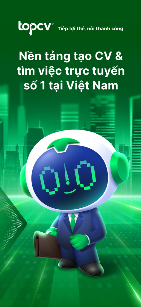 TopCV - Tìm Việc làm phù hợp - TopCV app intro screen featuring a robot mascot in a suit and Vietnamese text describing it as the number one CV and job platform
