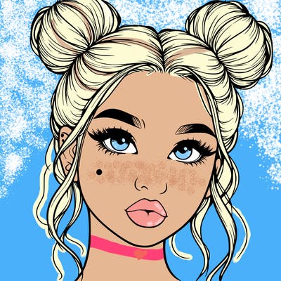 realistic girl with two buns on her hair and lips