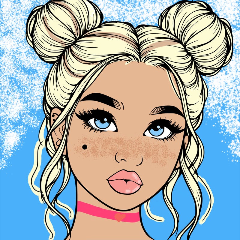 realistic girl with two buns on her hair and lips