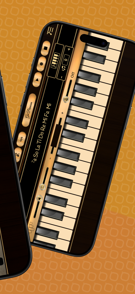 Interfaz de la aplicación Xylophone Sim en la pantalla de un teléfono inteligente mostrando teclas de madera realistas y controles musicales.