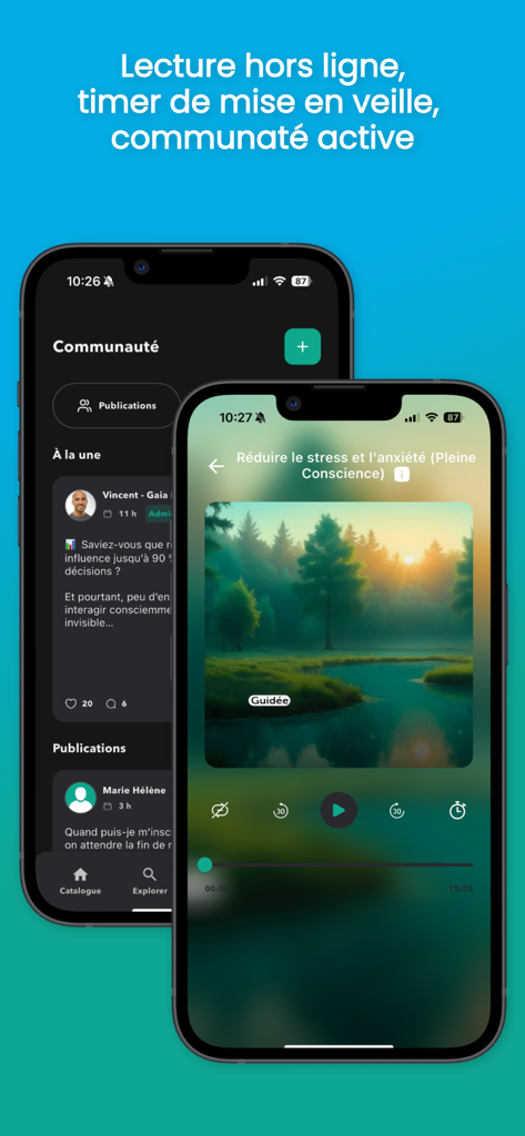 Gaia Meditation app screens showcasing an active community feed and a guided meditation session for stress relief