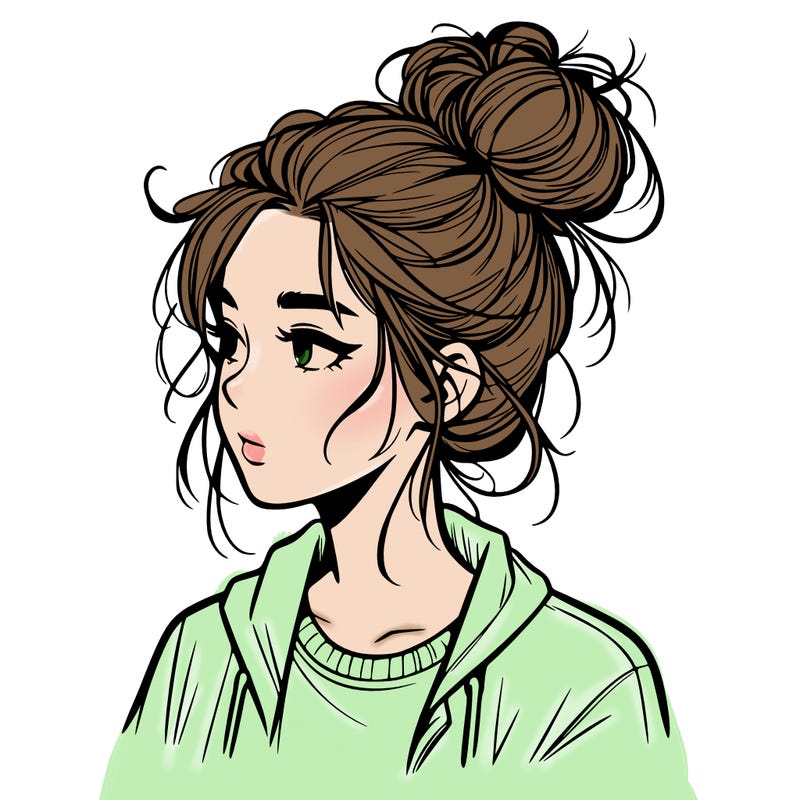 realistic teenage girl with a messy bun