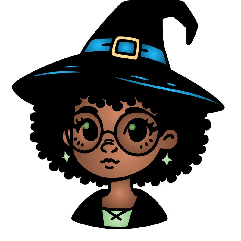 a black person who is a witch and has glasses