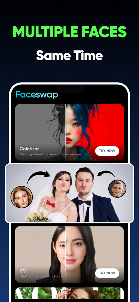 uSwap: AI Face Swap & Lipsync - uSwap app interface showcasing multi-face swapping on a wedding photo and AI photo colorizing effects