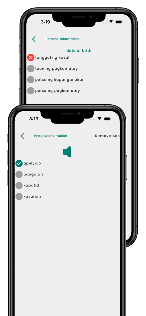 Screenshot of a multiple choice quiz for learning personal information vocabulary in the Filipino language app