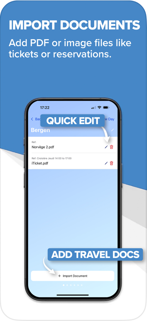 Smartphone screen showing how to import PDFs and images for tickets and reservations in the My Travel Docs app.