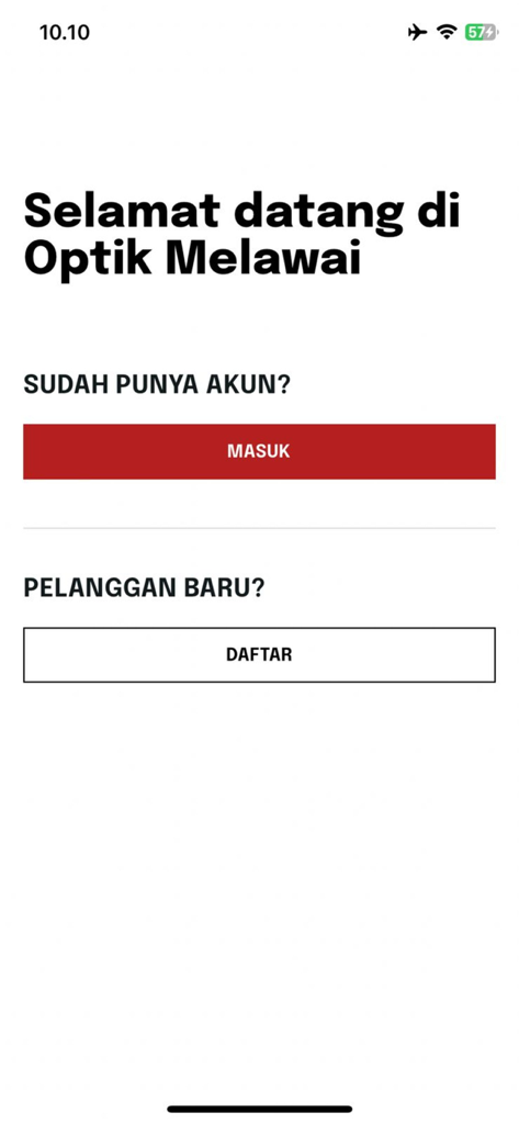 Optik Melawai - Tela de boas-vindas do aplicativo Optik Melawai com opções de login ou registro em indonésio.