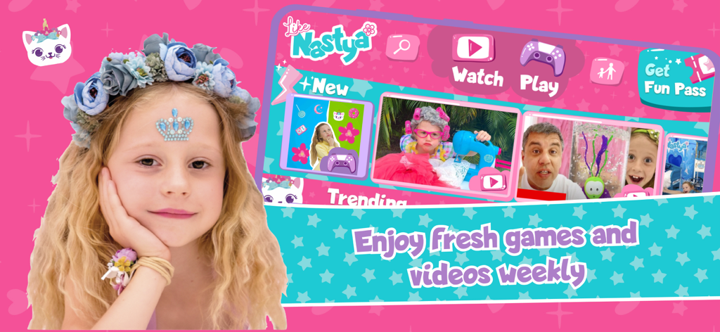Like Nastya World - let's play - Like Nastya World app interface showing fresh games and videos weekly for kids