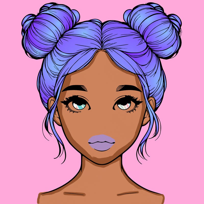 realistic girl with two buns on top of her head