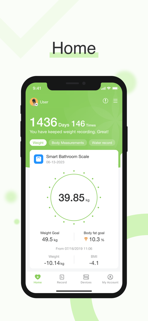 Feelfit - Feelfit app home screen showing weight measurement BMI trends and health goal progress