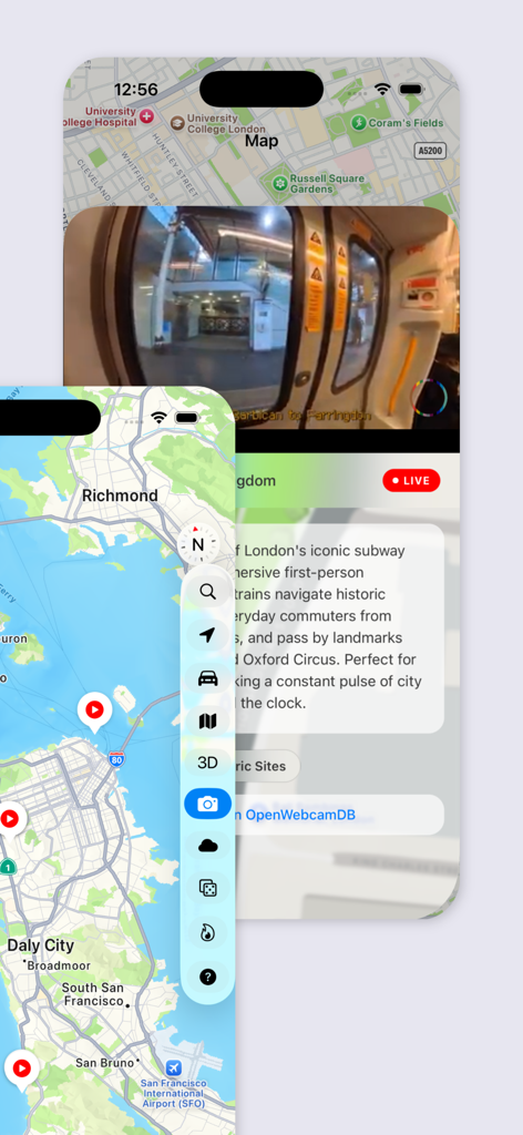 Street View 360° Panorama Maps - Smartphone-Bildschirme zeigen eine Live-Webcam einer Londoner U-Bahn und eine Navigationskarte von San Francisco