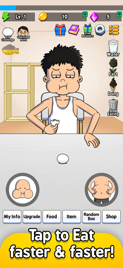 Food Fighter Clicker | Mukbang - Gameplay screenshot of Food Fighter Clicker showing a character eating an egg with the prompt Tap to Eat faster and faster