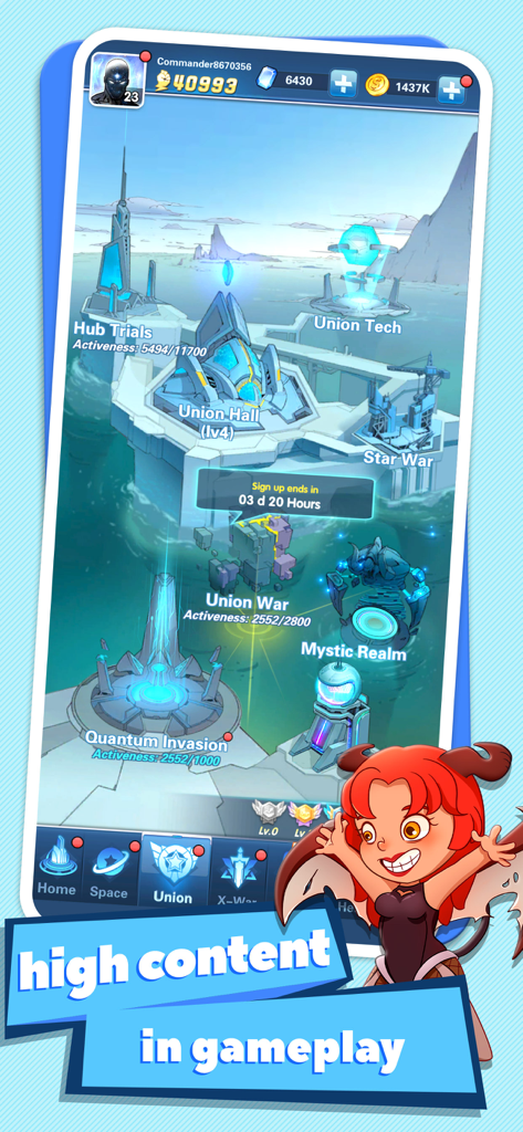 X-HERO mobile game interface showing various Union gameplay modes like Star War and Union War with a cartoon character in the foreground.