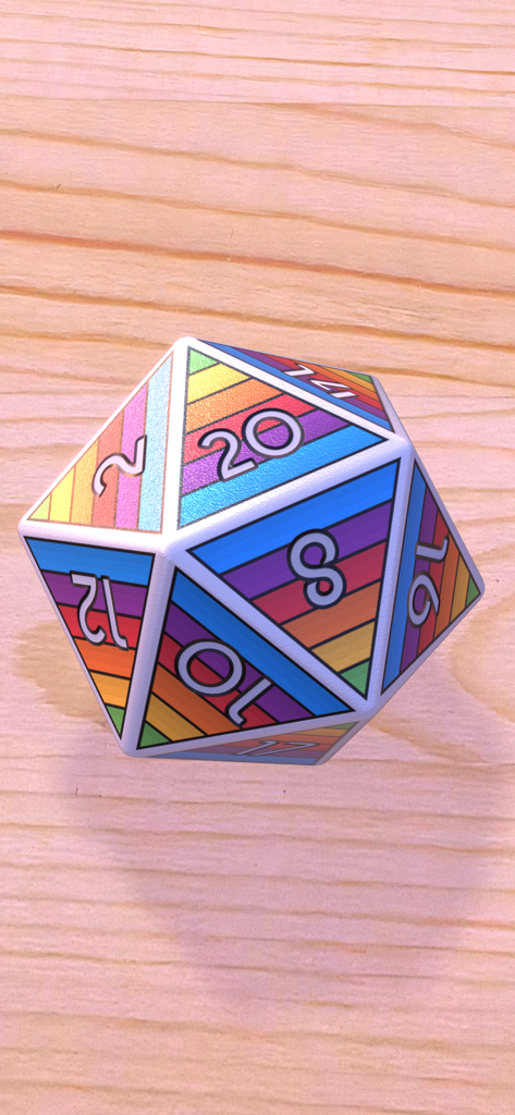 A photorealistic 3D rainbow-striped 20-sided die on a light wood surface.