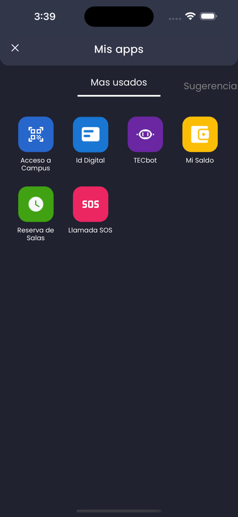 mitec app - Painel do aplicativo mitec mostrando ícones para ID digital, acesso ao campus e recursos para estudantes