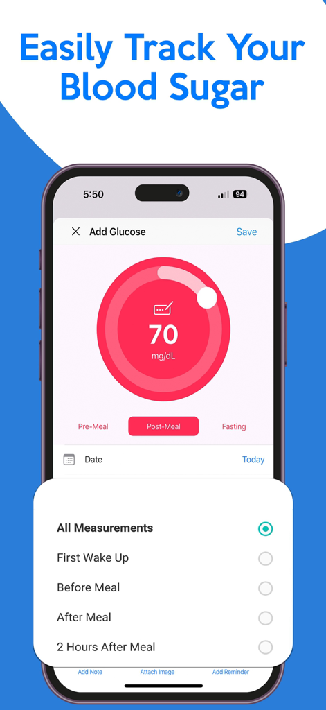Interfaz de la aplicación de seguimiento de glucosa en sangre que muestra un nivel de glucosa de 70 mg/dL siendo registrado en un iPhone