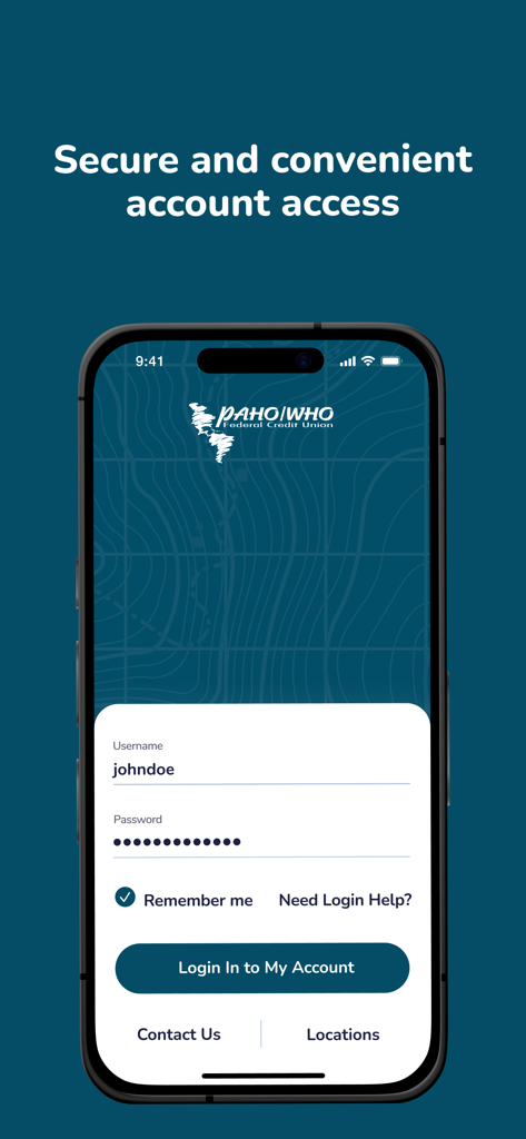 Interfaz de inicio de sesión de la aplicación móvil PAHO WHO Federal Credit Union