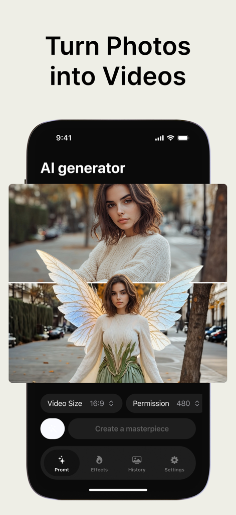 Interfaz de la aplicación móvil de Kling mostrando la función de transformación de foto a video con IA con un ejemplo de personaje