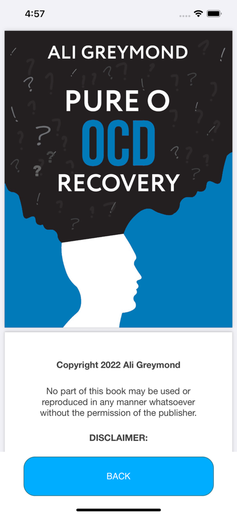 Pantalla de bienvenida de la aplicación de Recuperación de TOC de Puro O con una ilustración de una cabeza con una nube de pensamientos intrusivos y la marca Ali Greymond