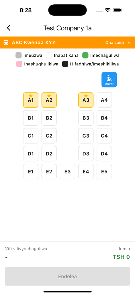 Obus - A mobile app interface showing a bus seat map with available and reserved seats for booking.
