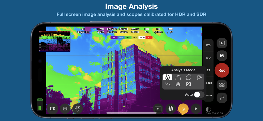 Cinema P3 Pro Camera - Cinema P3 Pro Camera app displaying false color image analysis and technical scopes on an iPhone screen